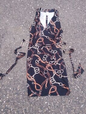 Vintage Cache Black Midi Wrap Dress Sash Belt Horse Bit Chain Print